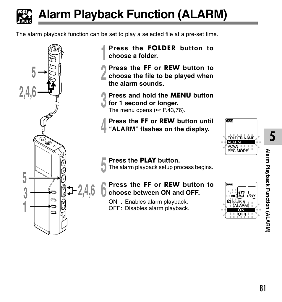 Alarm playback function (alarm) | Olympus VOICE & MUSIC DM-20 User Manual | Page 81 / 101