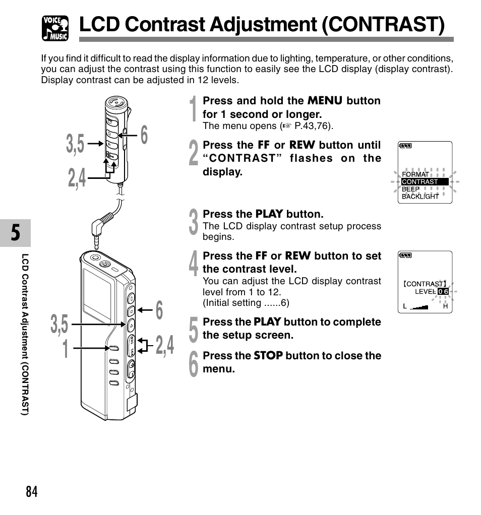 Lcd contrast adjustment (contrast) | Olympus VOICE & MUSIC DM-20 User Manual | Page 84 / 101