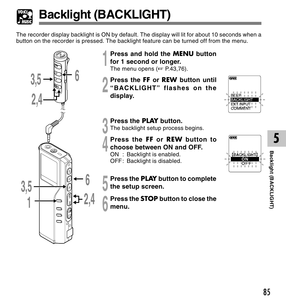 Backlight (backlight) | Olympus VOICE & MUSIC DM-20 User Manual | Page 85 / 101