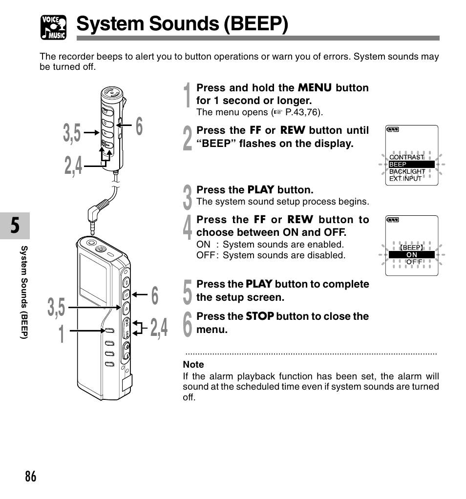 System sounds (beep) | Olympus VOICE & MUSIC DM-20 User Manual | Page 86 / 101