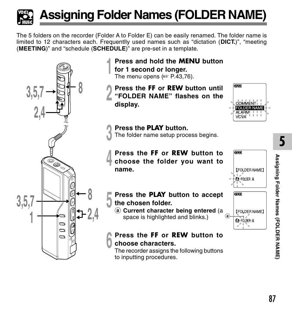 Assigning folder names (folder name) | Olympus VOICE & MUSIC DM-20 User Manual | Page 87 / 101