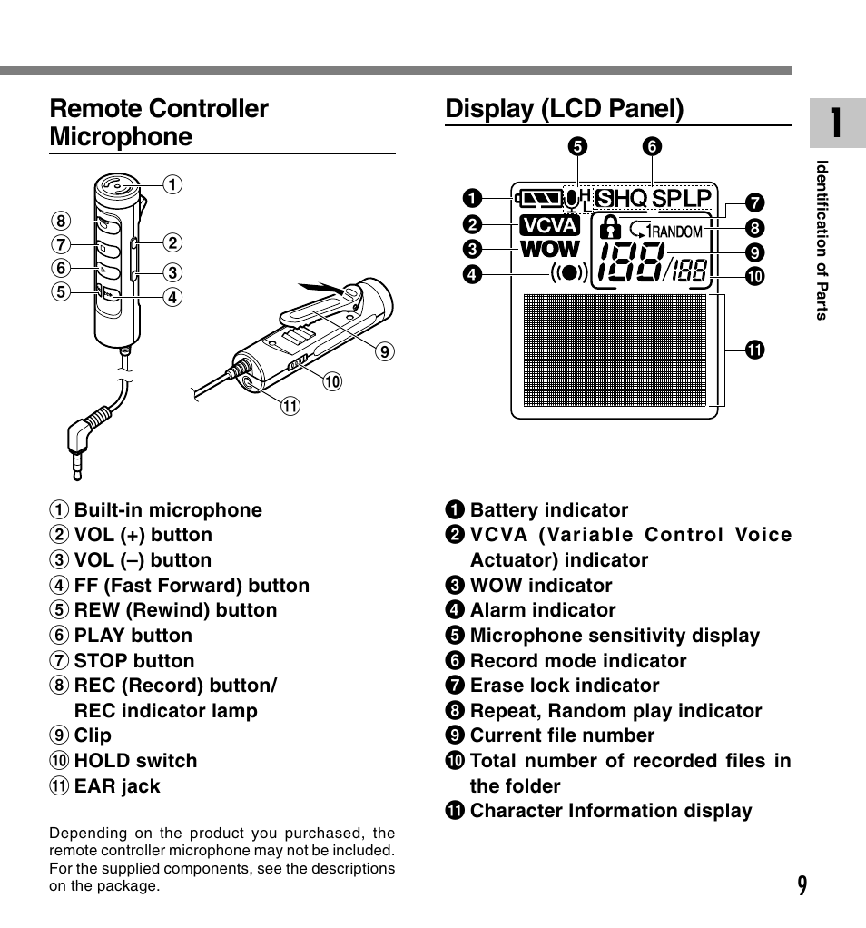 Remote controller microphone display (lcd panel) | Olympus VOICE & MUSIC DM-20 User Manual | Page 9 / 101