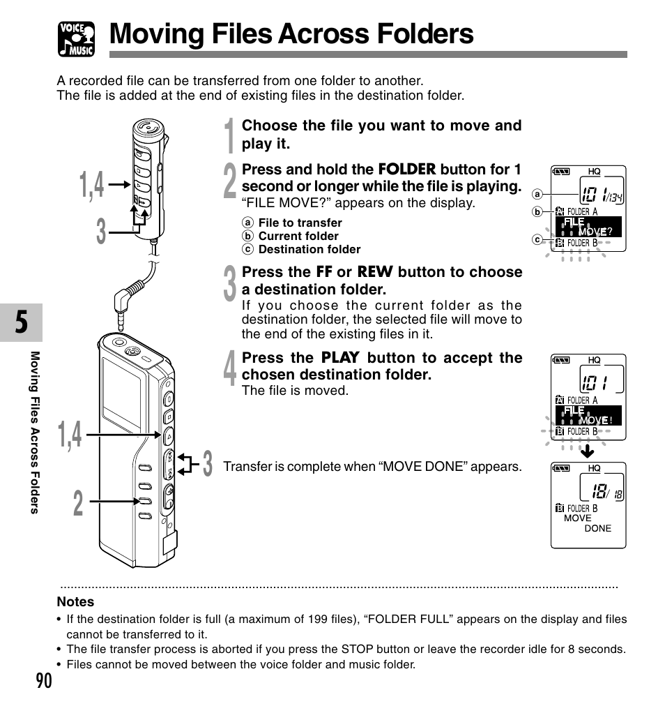 Moving files across folders | Olympus VOICE & MUSIC DM-20 User Manual | Page 90 / 101