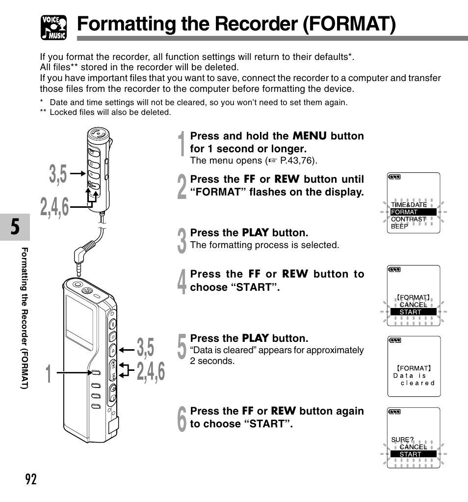 Formatting the recorder (format) | Olympus VOICE & MUSIC DM-20 User Manual | Page 92 / 101