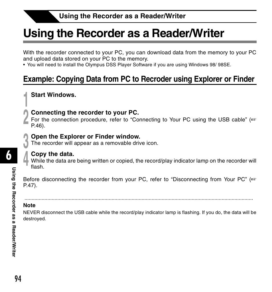 Using the recorder as a reader/writer | Olympus VOICE & MUSIC DM-20 User Manual | Page 94 / 101