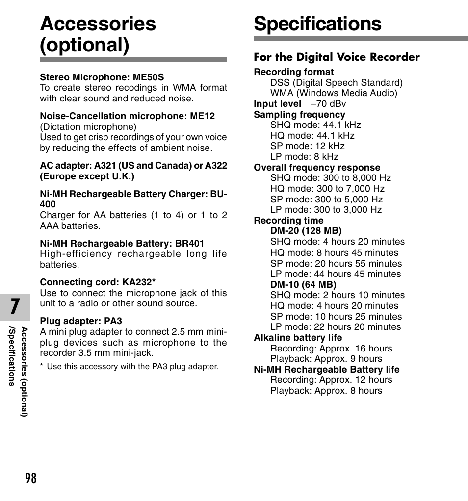 Accessories (optional), Specifications | Olympus VOICE & MUSIC DM-20 User Manual | Page 98 / 101