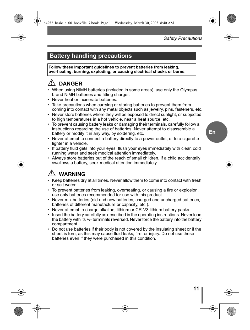 Battery handling precautions | Olympus C-180 D-435 User Manual | Page 11 / 25