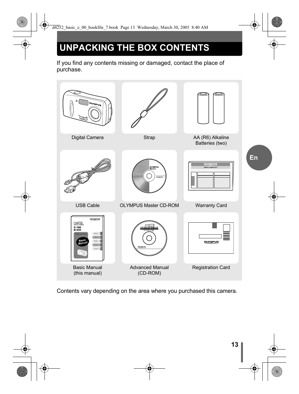 Unpacking the box contents | Olympus C-180 D-435 User Manual | Page 13 / 25