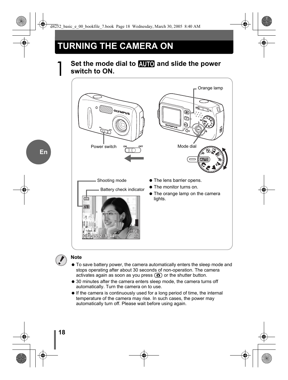 Turning the camera on | Olympus C-180 D-435 User Manual | Page 18 / 25