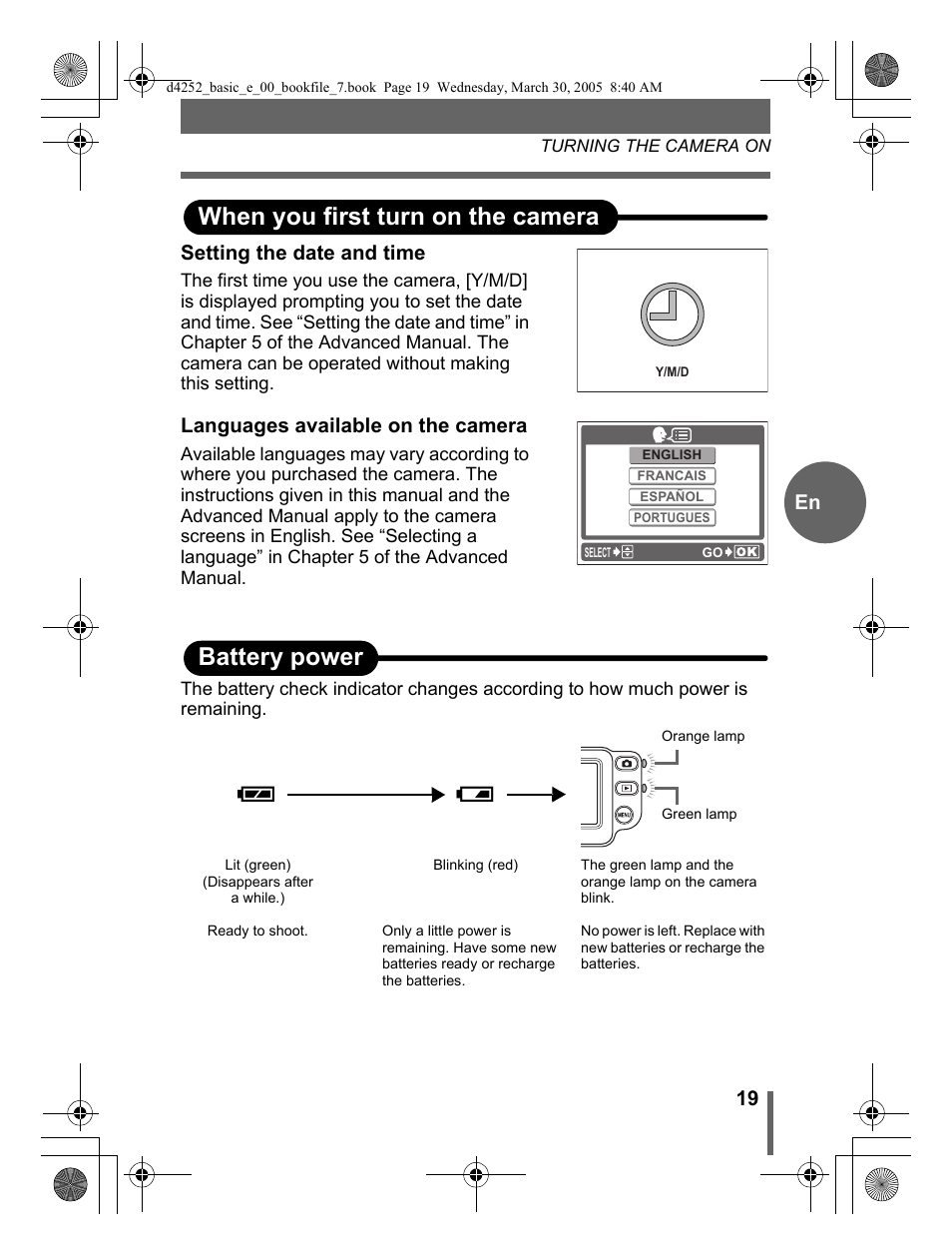 When you first turn on the camera, Battery power | Olympus C-180 D-435 User Manual | Page 19 / 25