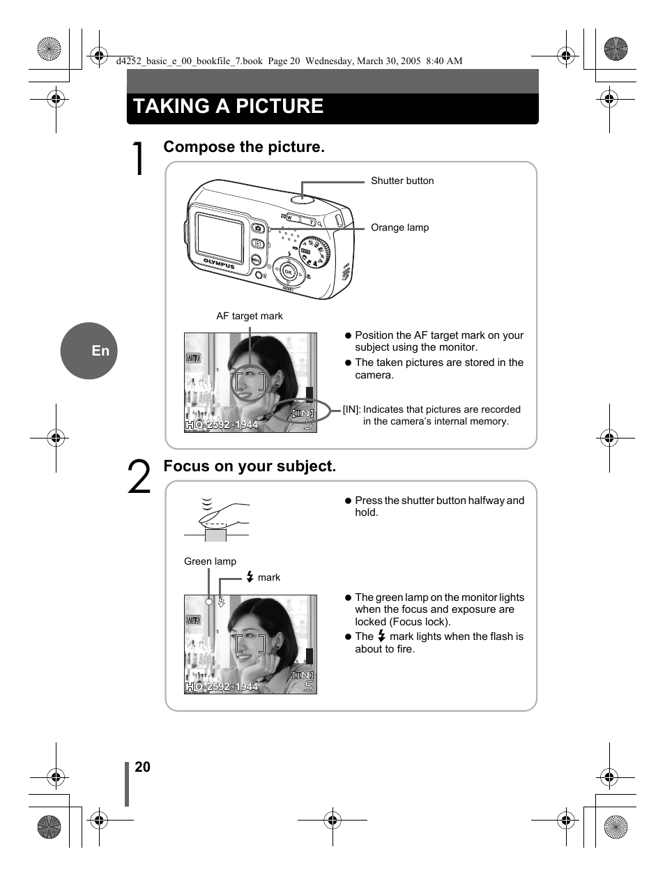 Taking a picture, Compose the picture, Focus on your subject | Olympus C-180 D-435 User Manual | Page 20 / 25