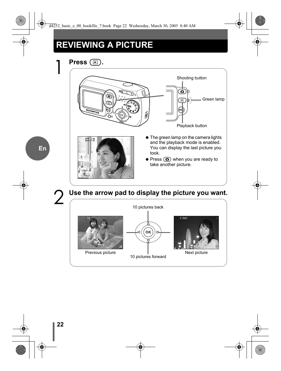 Reviewing a picture | Olympus C-180 D-435 User Manual | Page 22 / 25