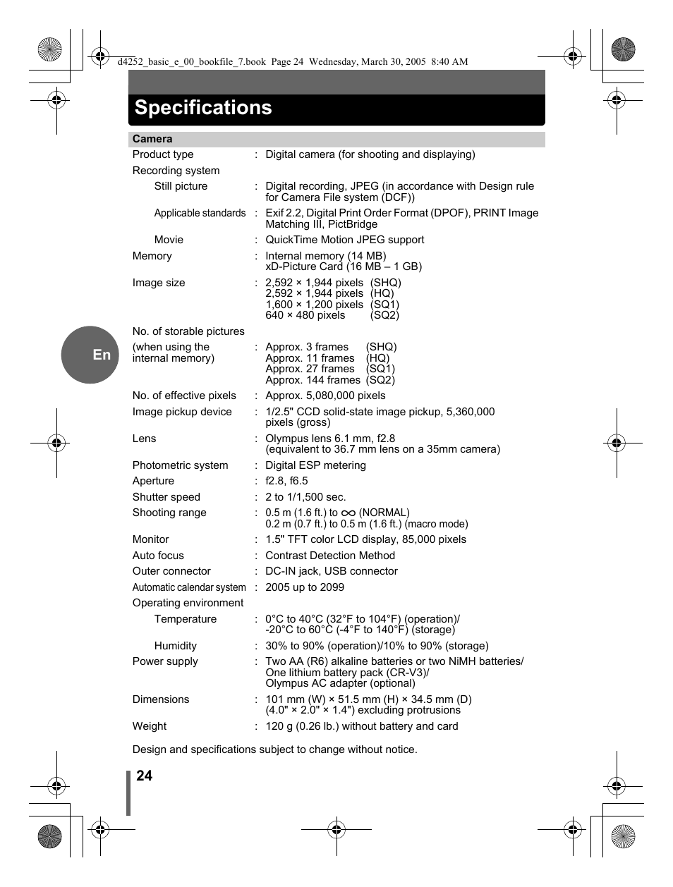 Specifications, 24 en | Olympus C-180 D-435 User Manual | Page 24 / 25