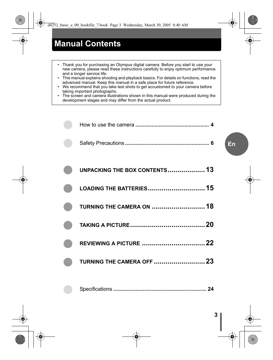 Manual contents | Olympus C-180 D-435 User Manual | Page 3 / 25