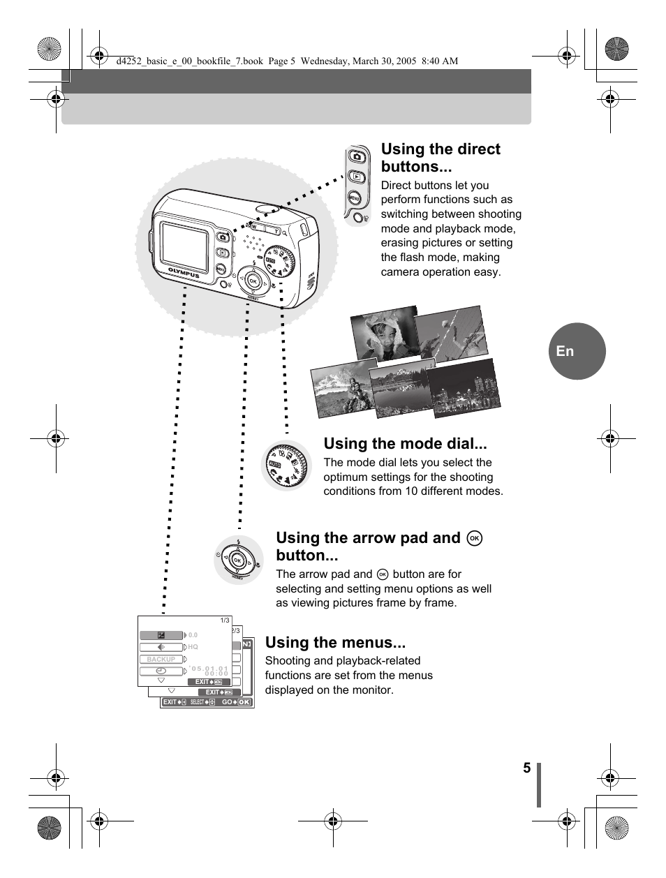 Using the direct buttons, Using the arrow pad and i button, Using the menus | Using the mode dial | Olympus C-180 D-435 User Manual | Page 5 / 25