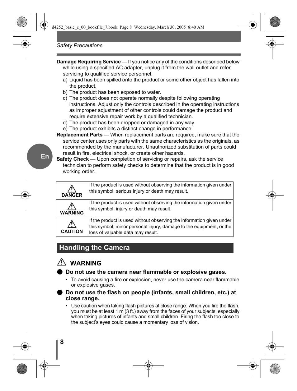 Handling the camera, Warning | Olympus C-180 D-435 User Manual | Page 8 / 25