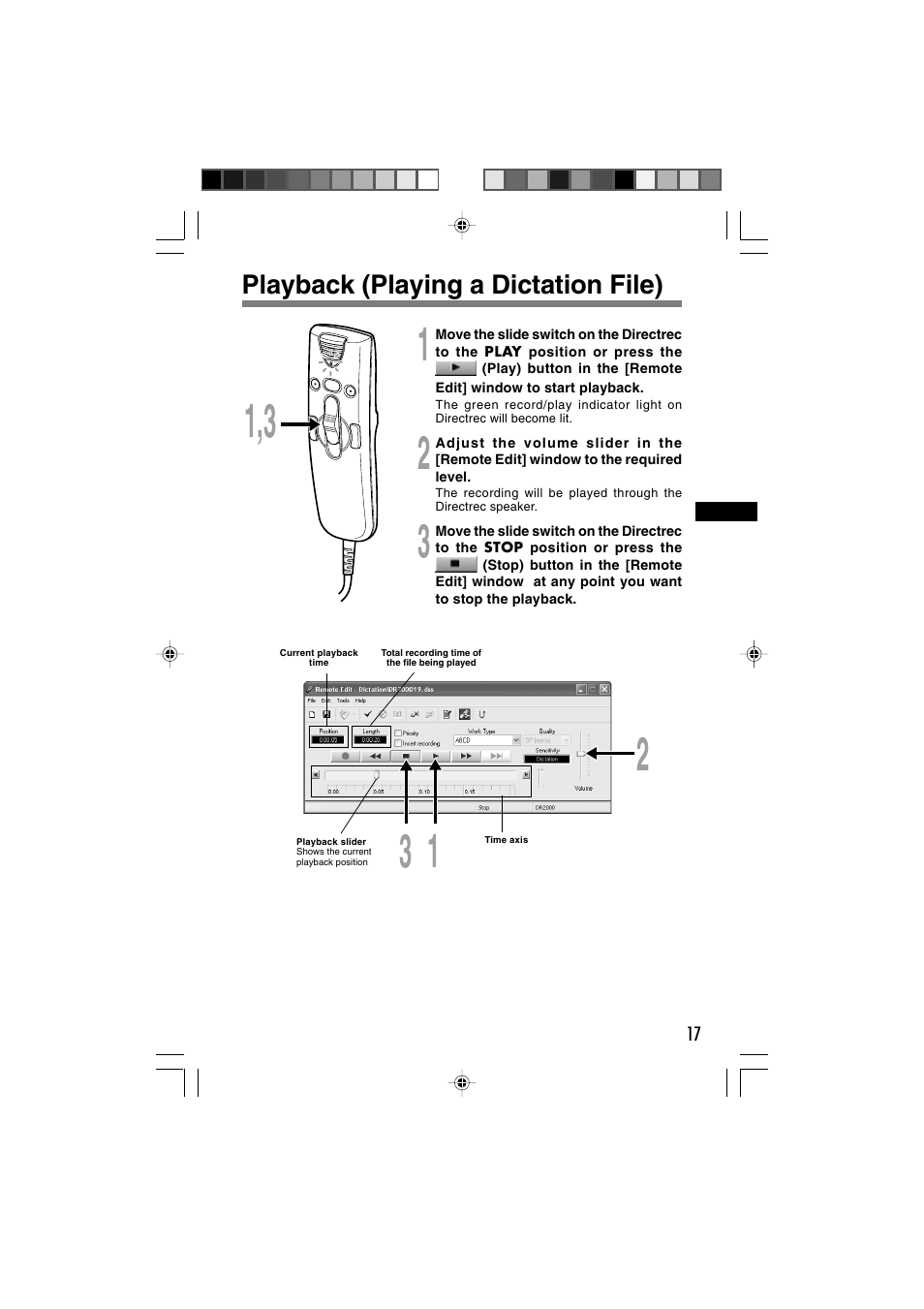 Playback (playing a dictation file) | Olympus Olympis Directrec dr2000 User Manual | Page 17 / 38