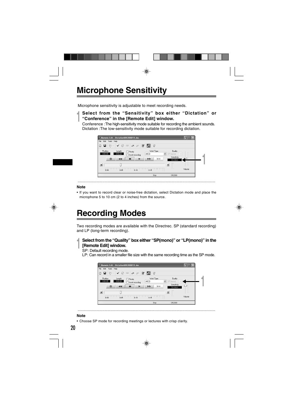 Microphone sensitivity recording modes | Olympus Olympis Directrec dr2000 User Manual | Page 20 / 38