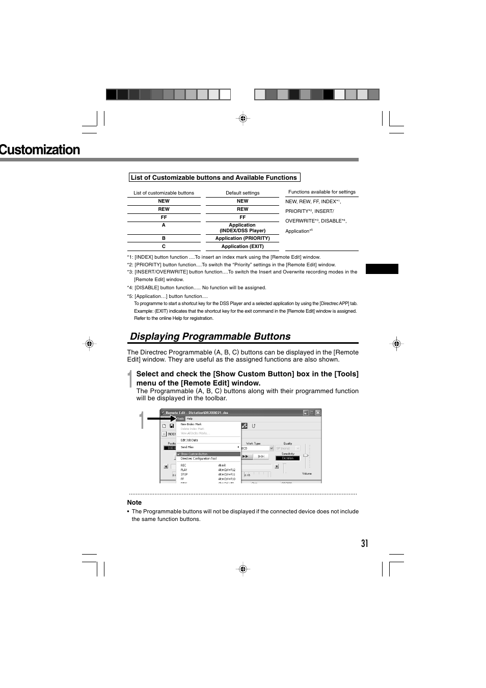 Customization, Displaying programmable buttons | Olympus Olympis Directrec dr2000 User Manual | Page 31 / 38