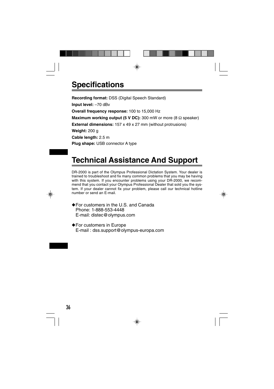 Technical assistance and support specifications | Olympus Olympis Directrec dr2000 User Manual | Page 36 / 38
