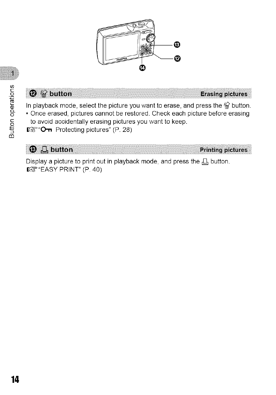 Button erasing pictures, 0 li- button | Olympus 700 User Manual | Page 14 / 86