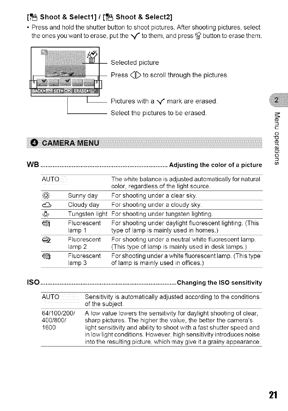 Shoot & select!] / [53 shoot & select2, O camera menu, Camera menu | Olympus 700 User Manual | Page 21 / 86