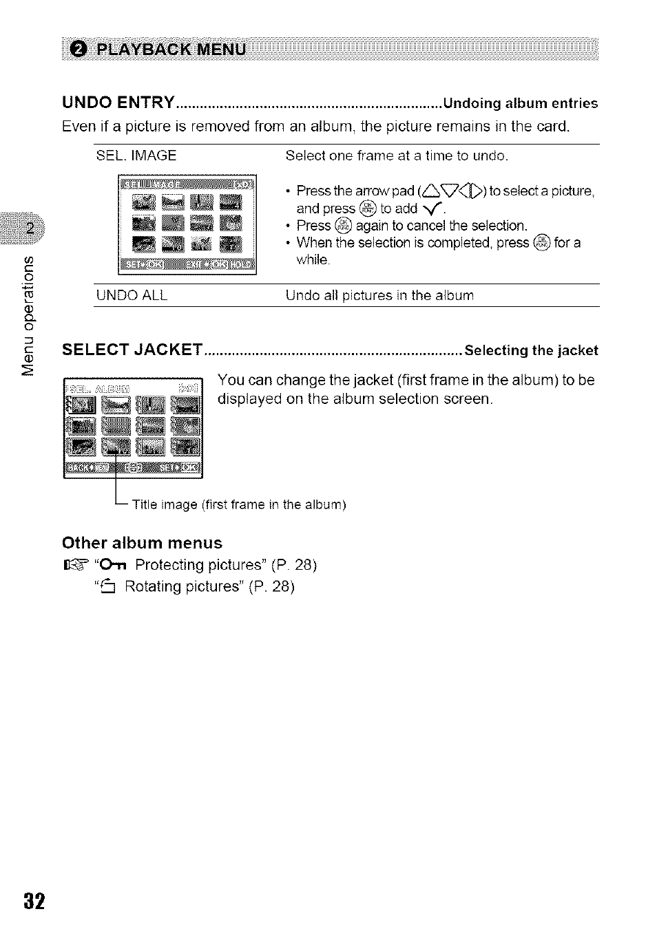 O playback menu, Undo undoing aibum entries, Other album menus | Playback menu | Olympus 700 User Manual | Page 32 / 86