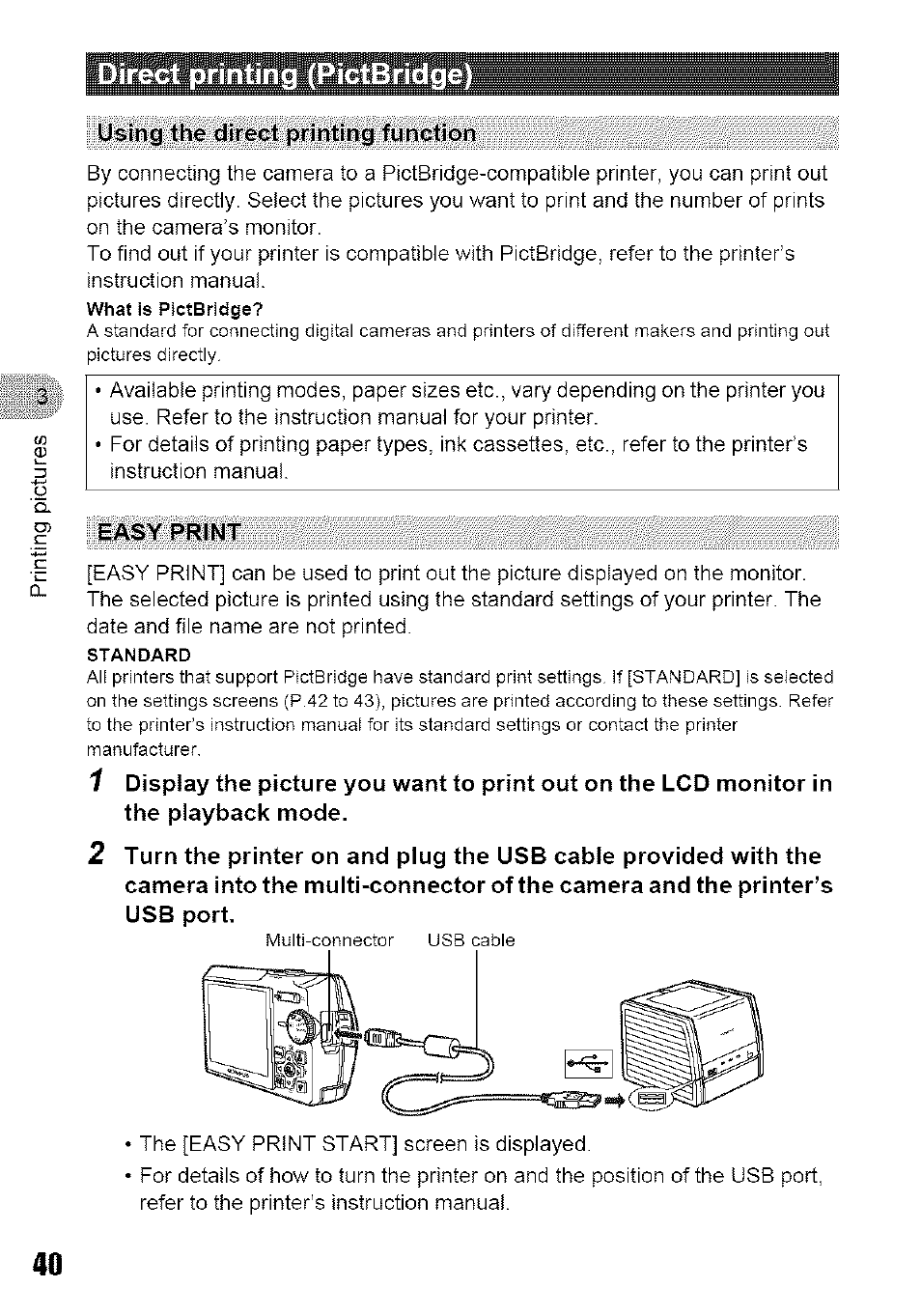 Using the direct printing function, Easy print | Olympus 700 User Manual | Page 40 / 86