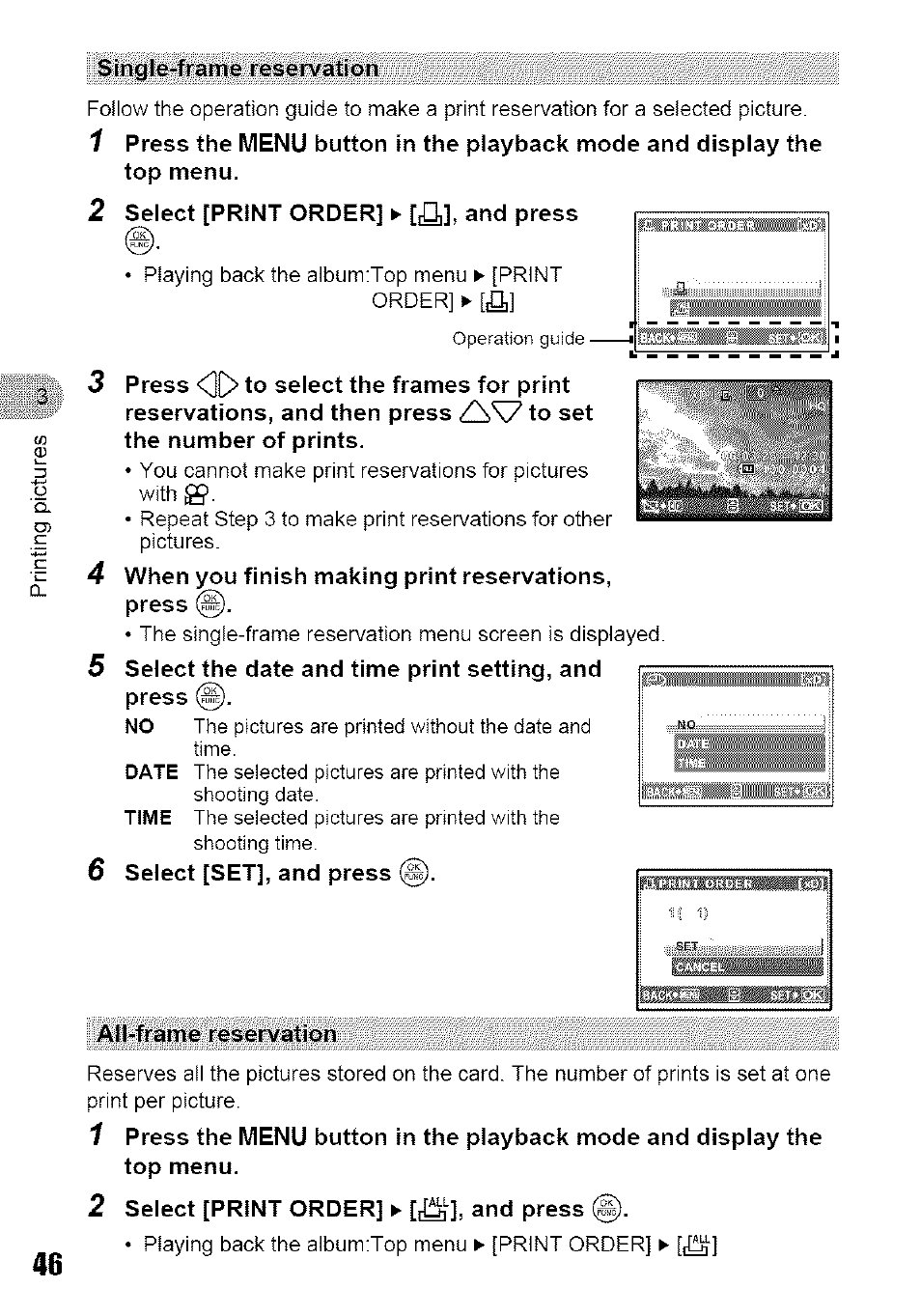 Single-frame reservation, All-frame reservation, 2 select [print order] ► [,1^^, and press (g) | Olympus 700 User Manual | Page 46 / 86