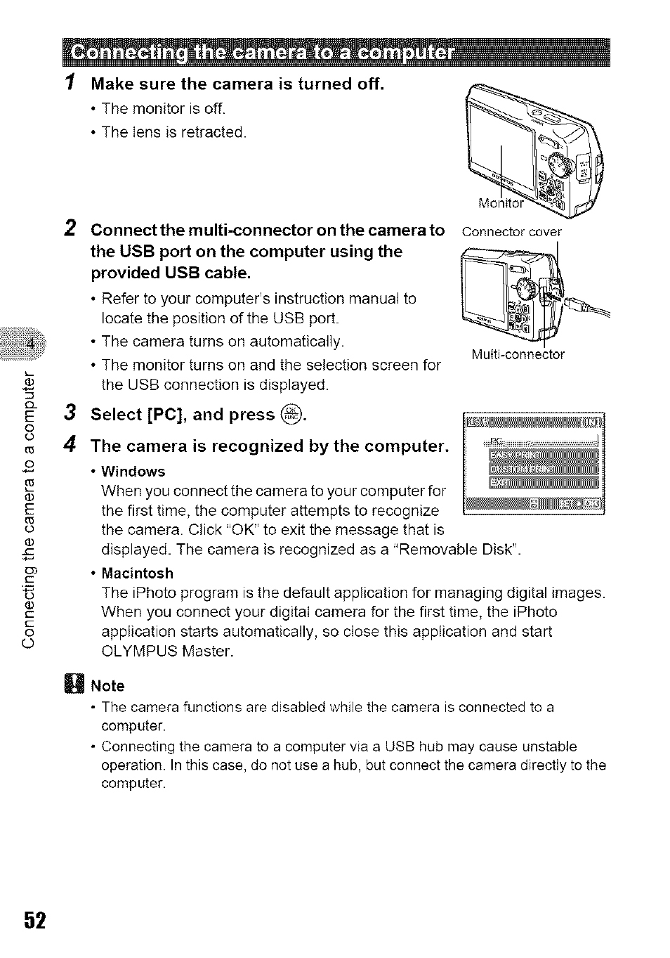 H note, Connecting the camera to a computer 1 | Olympus 700 User Manual | Page 52 / 86