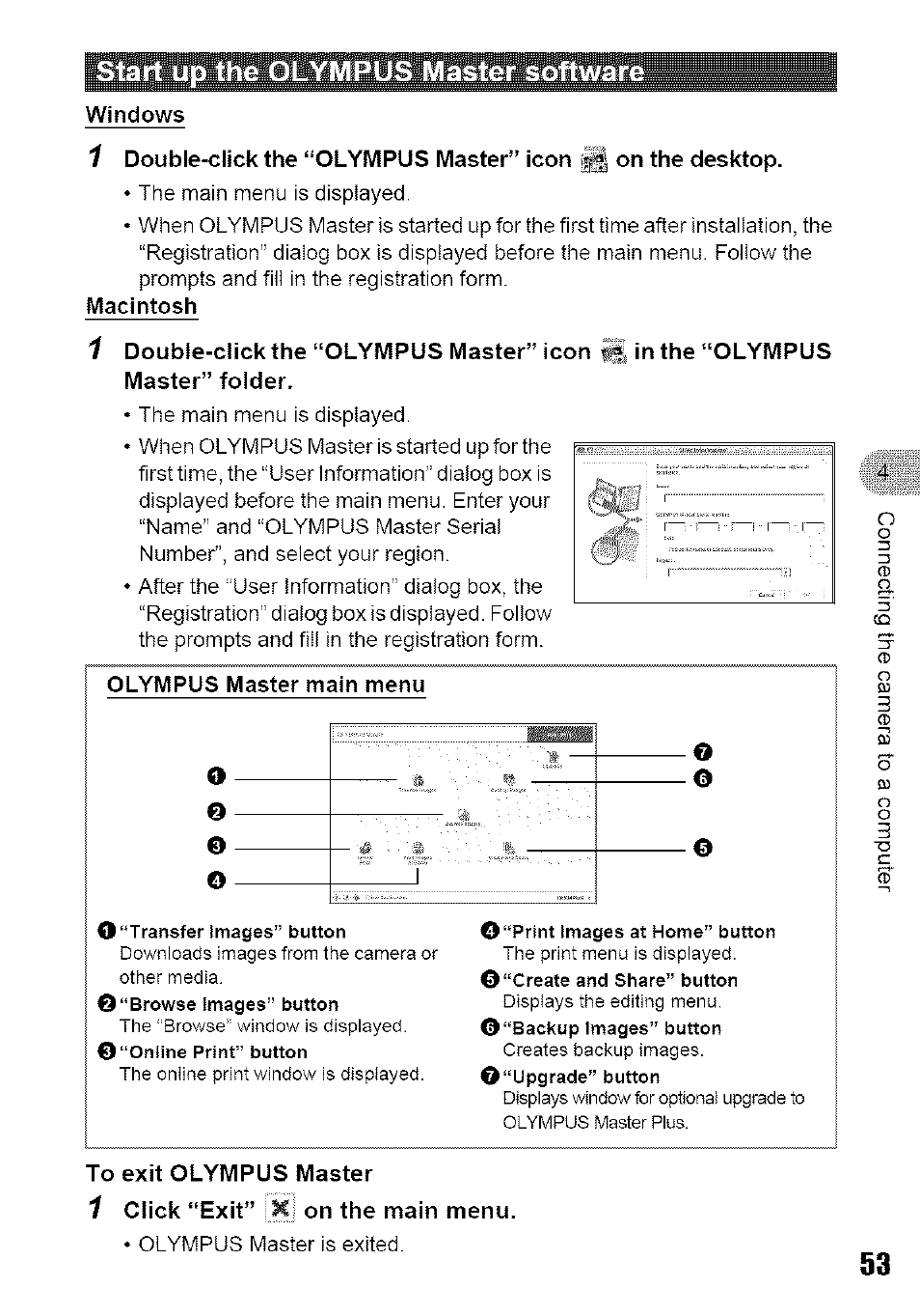 Start up the olympus master software, Windows, To exit olympus master | What is olympus master, Instaii the olympus master software | Olympus 700 User Manual | Page 53 / 86