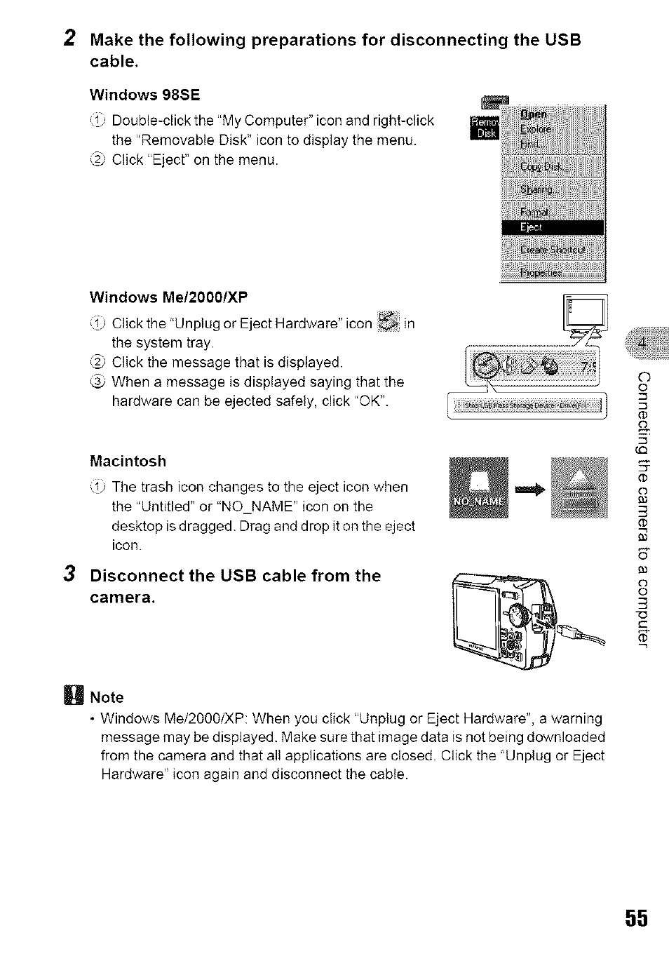 Windows 98se, Windows me/2000/xp, Macintosh | Disconnect the usb cable from the camera, H note | Olympus 700 User Manual | Page 55 / 86