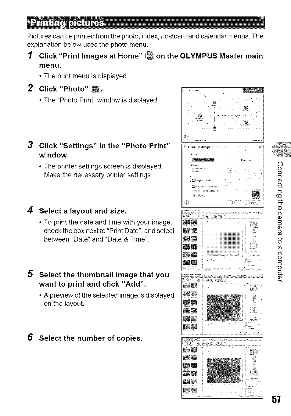 Printing pictures, 2 click “photo” b, 3 click “settings” in the “photo print” window | 4 select a layout and size, 6 select the number of copies | Olympus 700 User Manual | Page 57 / 86