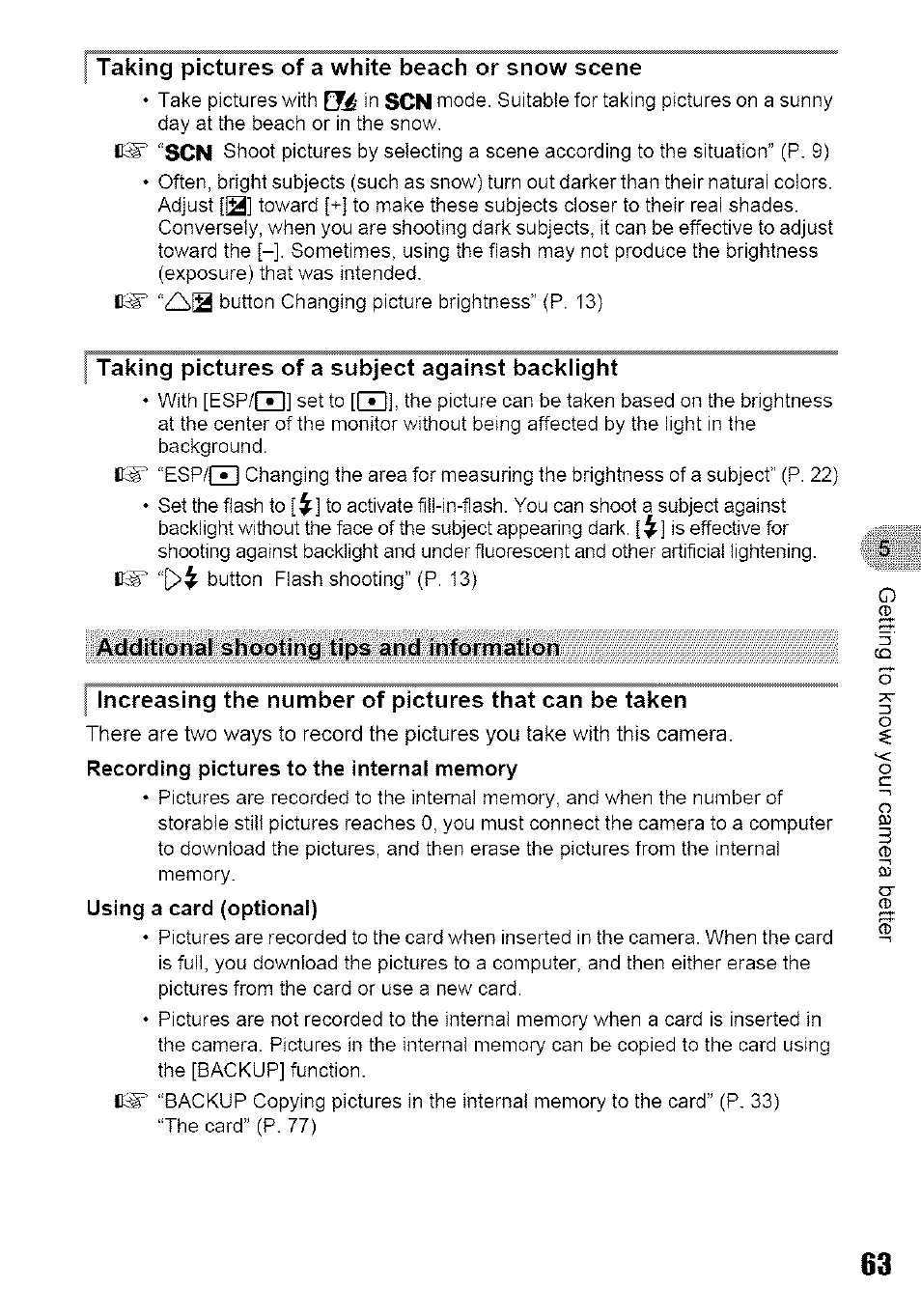 Taking pictures of a white beach or snow scene, Taking pictures of a subject against backiight, Additional shooting tips and information | Recording pictures to the internal memory, Using a card (optional), Shooting tips and information | Olympus 700 User Manual | Page 63 / 86