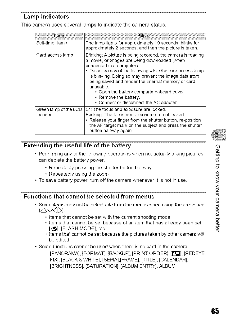 Plamp indicators, Extending the useful life of the battery, Functions that cannot be selected from menus | Lamp indicators, A'^ob) | Olympus 700 User Manual | Page 65 / 86