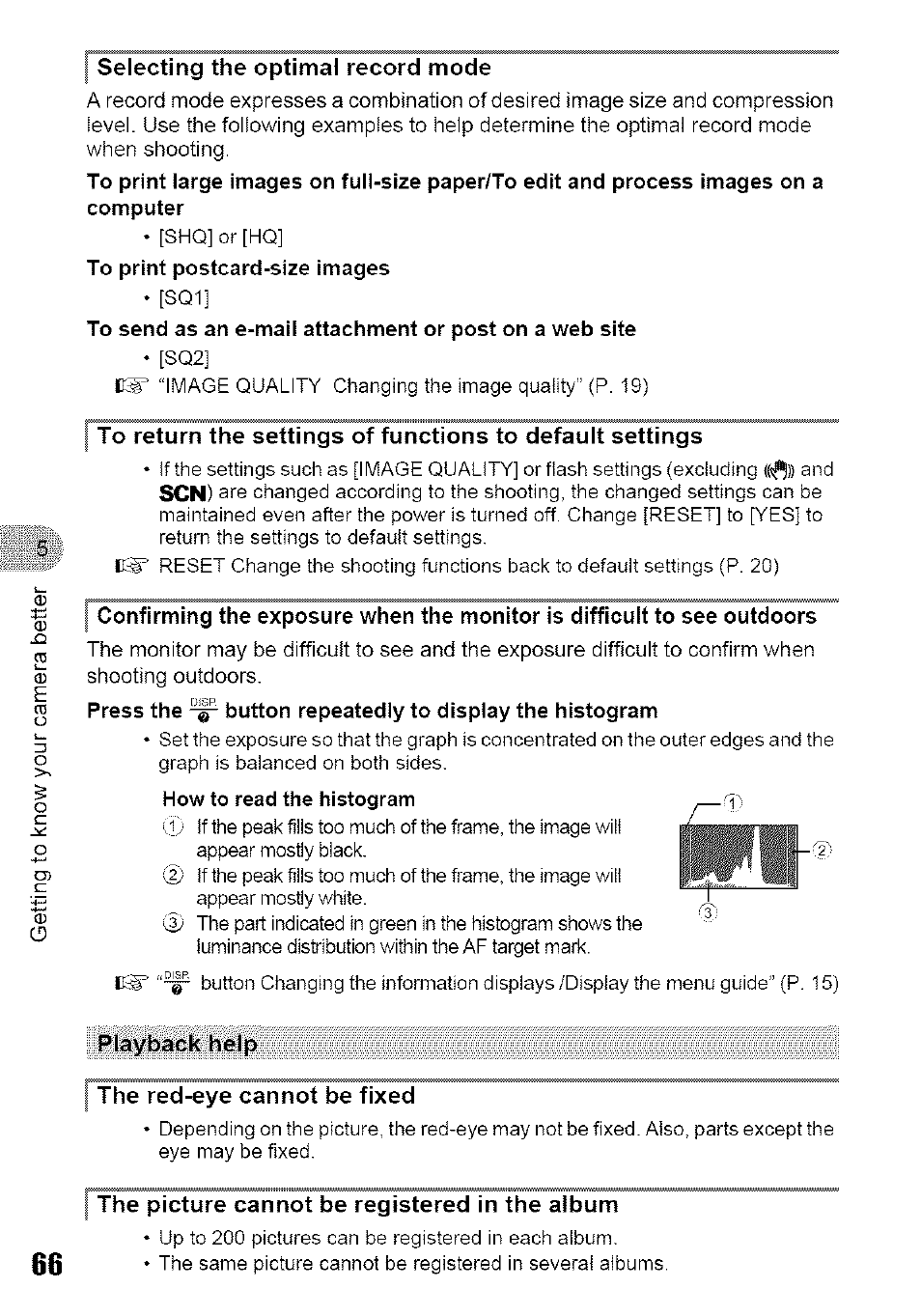 Selecting the optimal record mode, To print postcard-size images, Ptor5umthes5ttingsof1 | Playback help, The red-eye cannot be fixed, I the picture cannot be registered in the album, Selecting the optima! record mode | Olympus 700 User Manual | Page 66 / 86