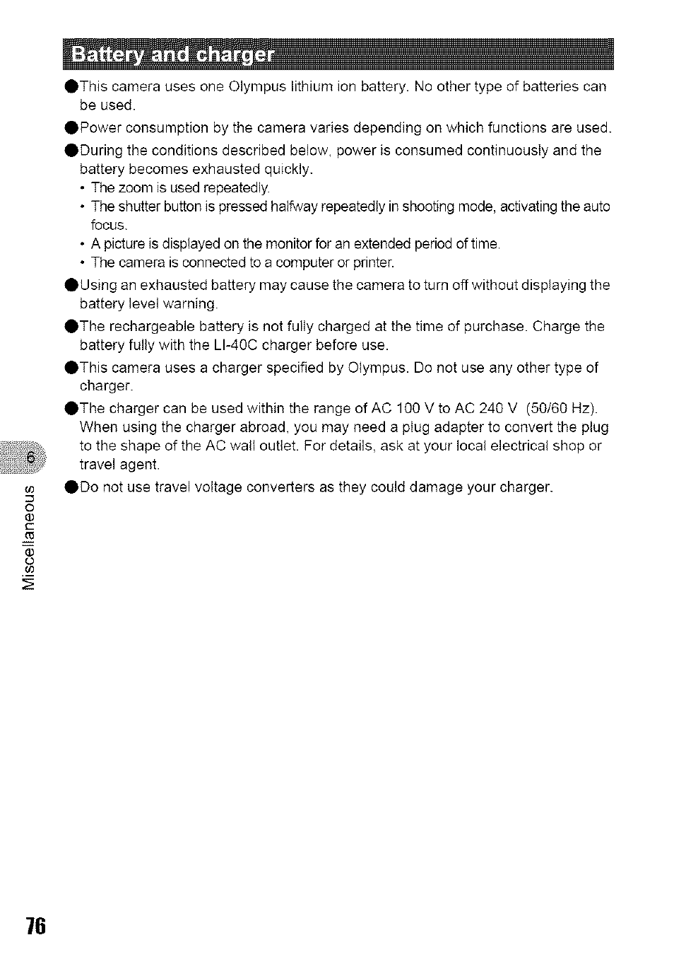 Battery and charg, Battery and charger | Olympus 700 User Manual | Page 76 / 86