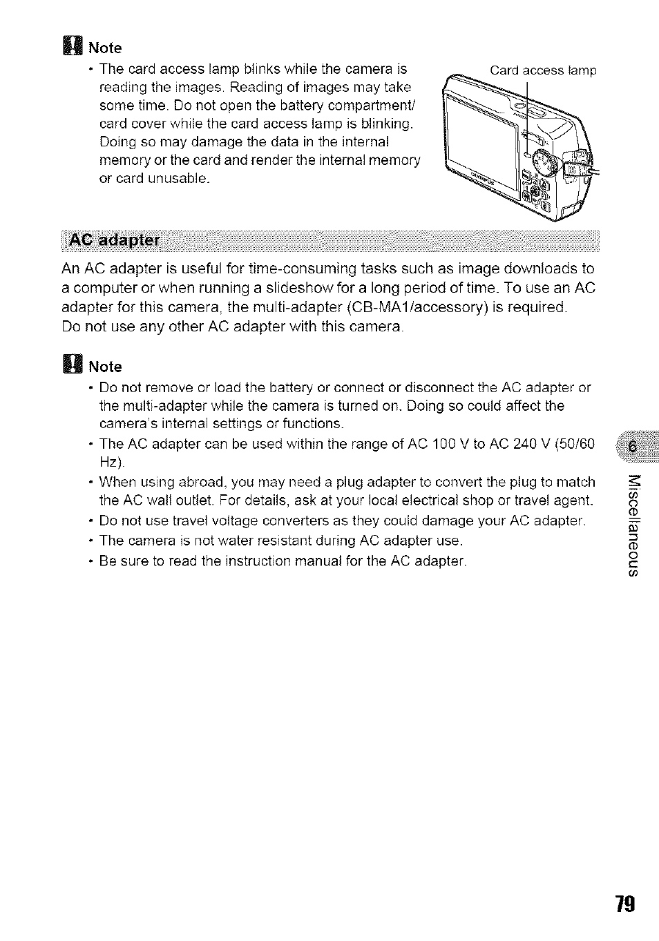 H note, Ac adapter | Olympus 700 User Manual | Page 79 / 86