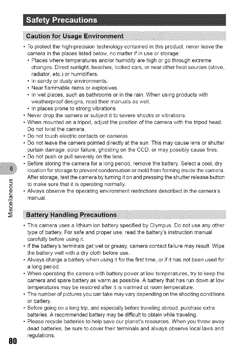 Caution for usage environment, Battery handling precautions | Olympus 700 User Manual | Page 80 / 86