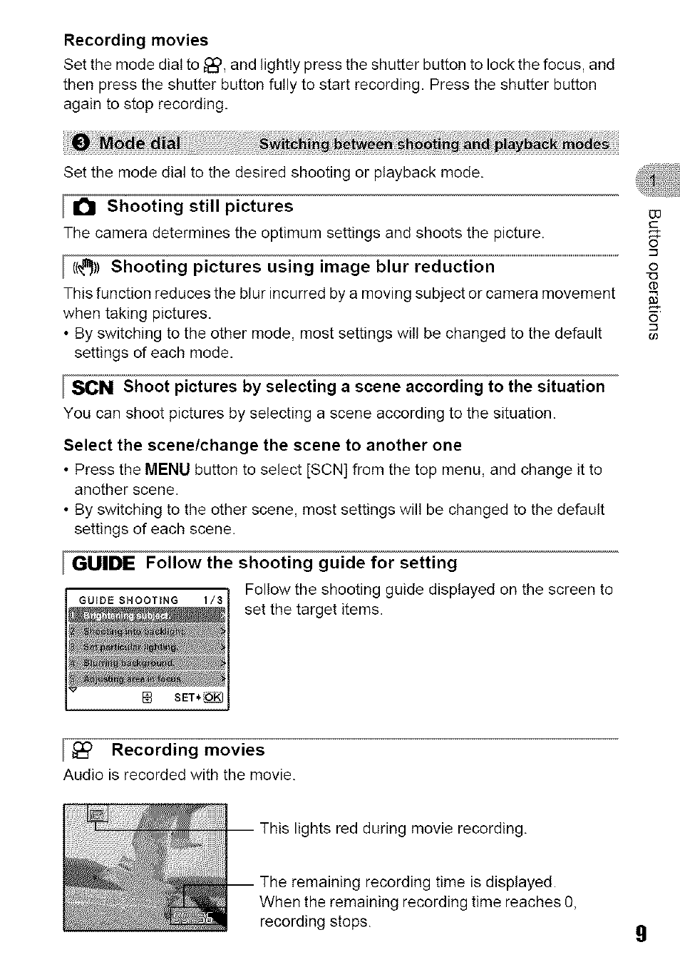 Recording movies, Shooting pictures using image blur reduction, Select the scene/change the scene to another one | I g? recording movies, Fscn | Olympus 700 User Manual | Page 9 / 86