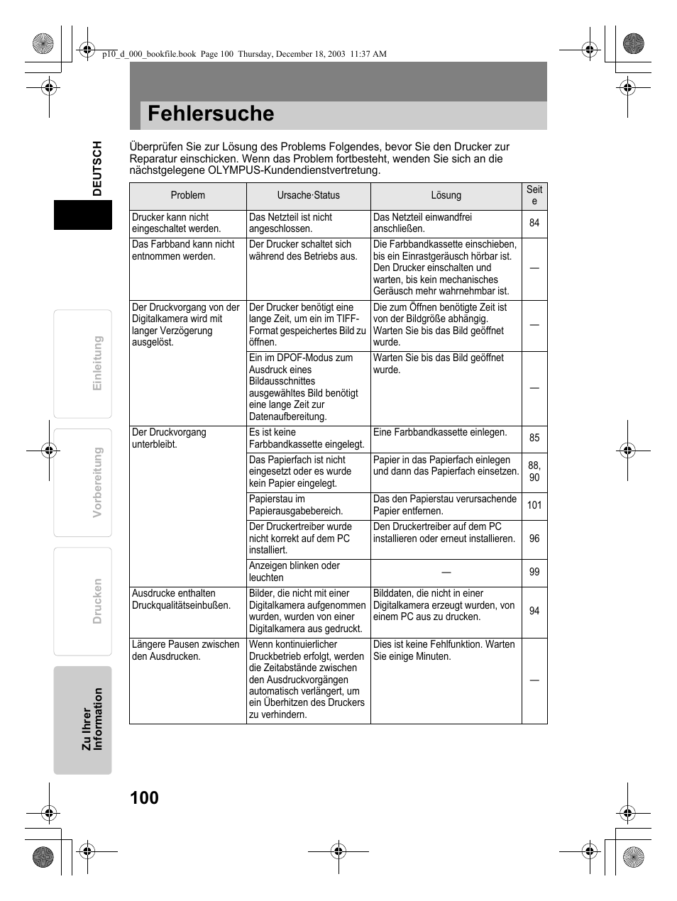 Fehlersuche | Olympus P-10 User Manual | Page 100 / 148