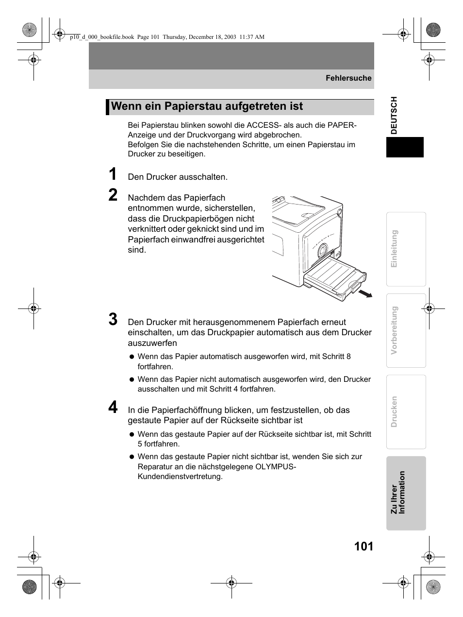 Wenn ein papierstau aufgetreten ist | Olympus P-10 User Manual | Page 101 / 148