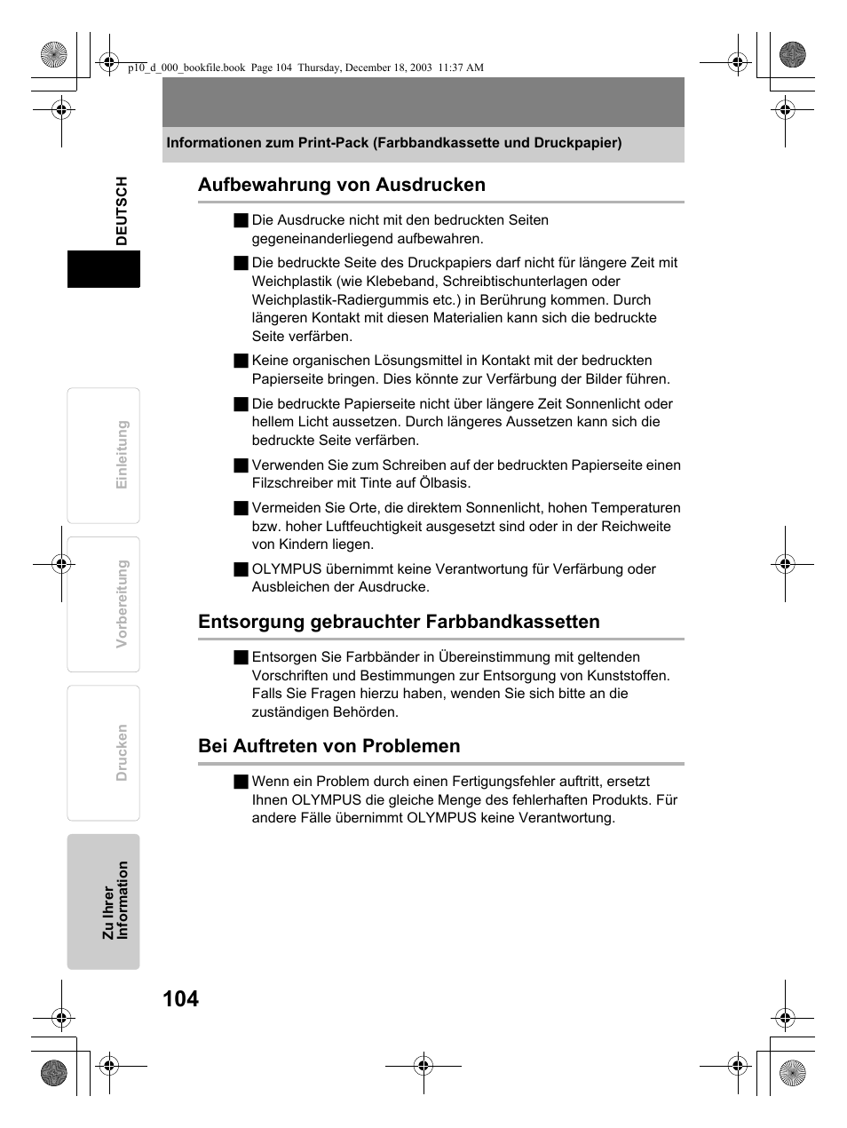 Aufbewahrung von ausdrucken, Entsorgung gebrauchter farbbandkassetten, Bei auftreten von problemen | Olympus P-10 User Manual | Page 104 / 148