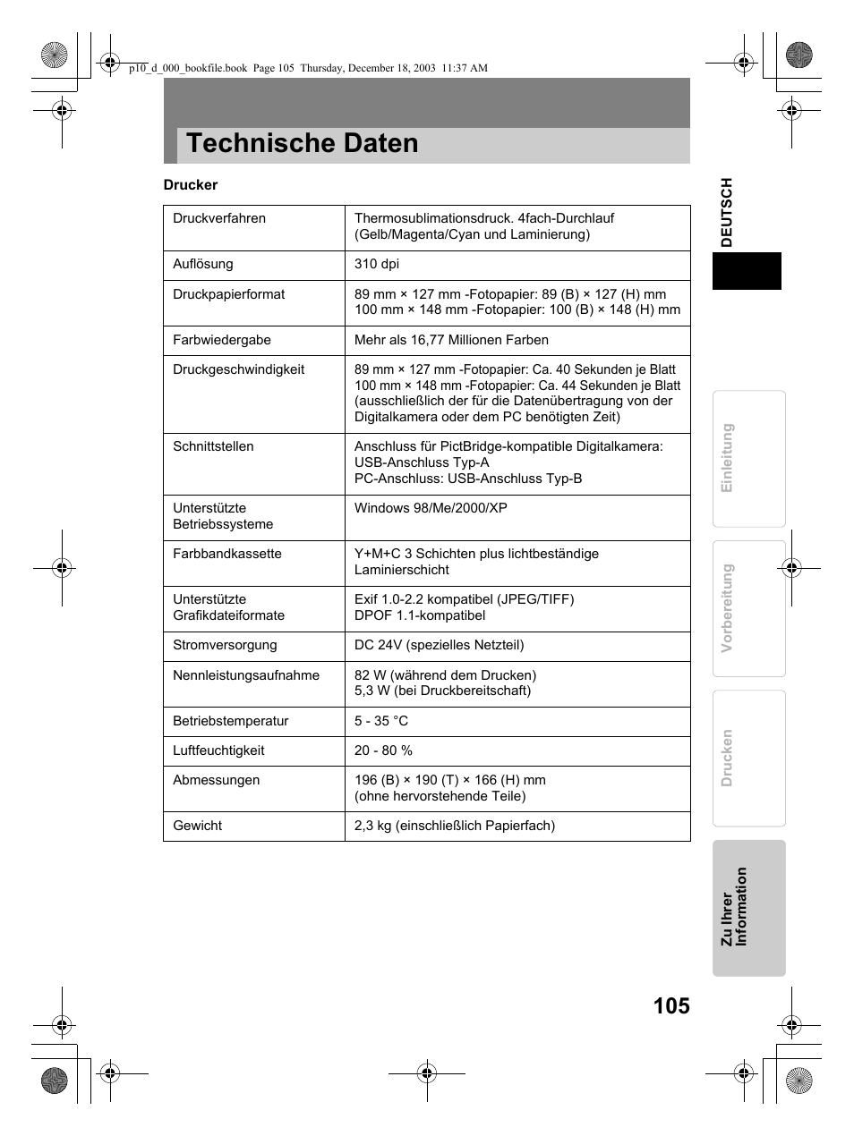 Technische daten | Olympus P-10 User Manual | Page 105 / 148