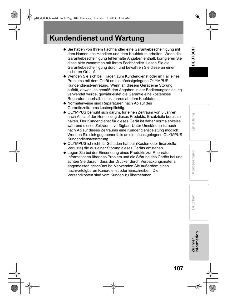 Kundendienst und wartung | Olympus P-10 User Manual | Page 107 / 148