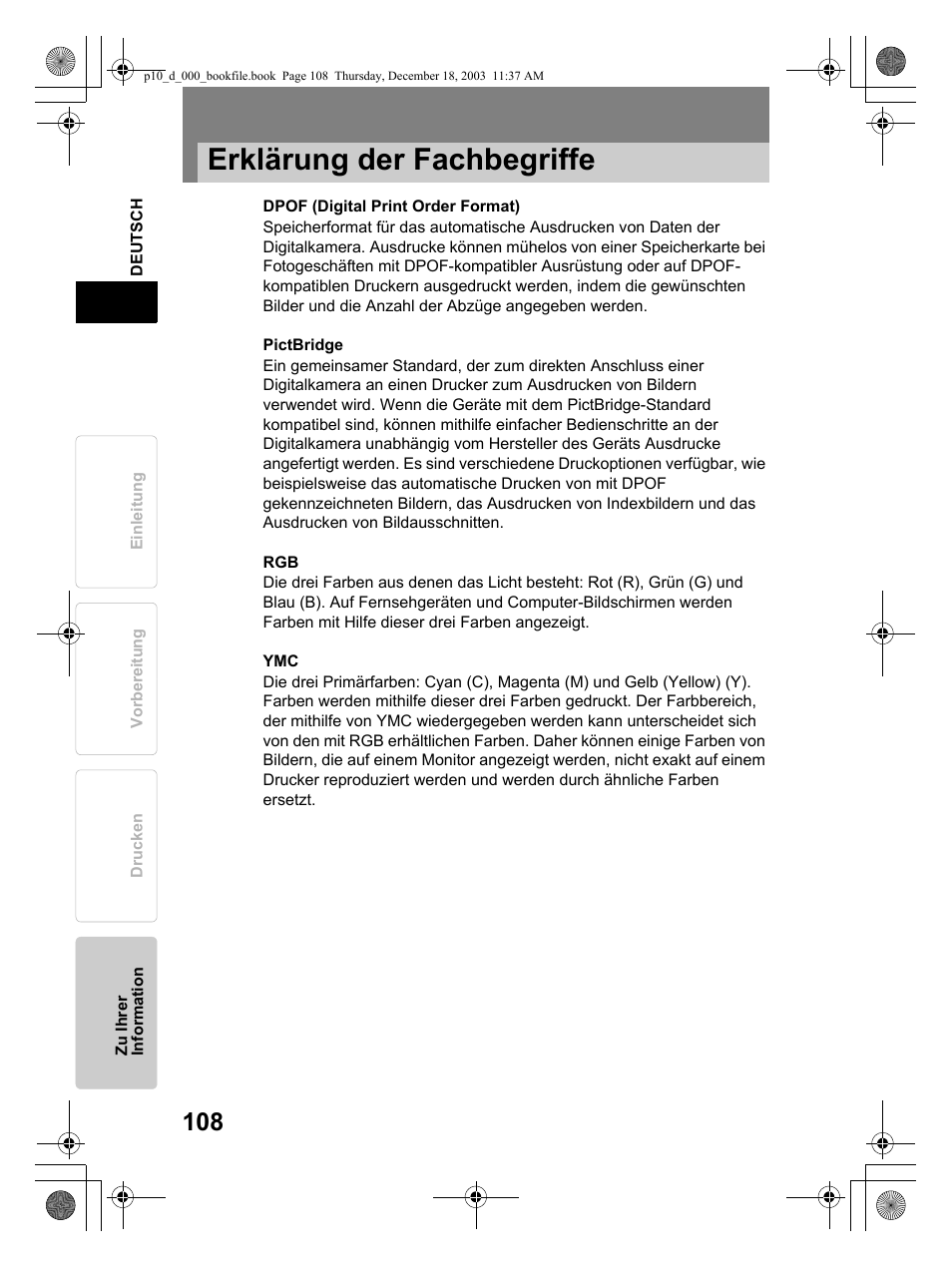 Erklärung der fachbegriffe | Olympus P-10 User Manual | Page 108 / 148