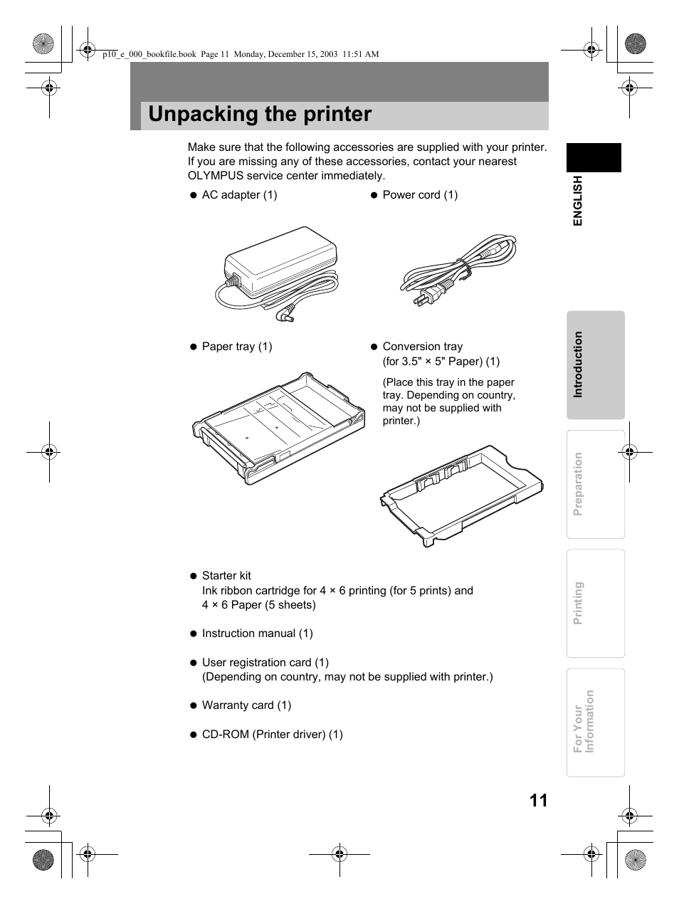 Unpacking the printer | Olympus P-10 User Manual | Page 11 / 148