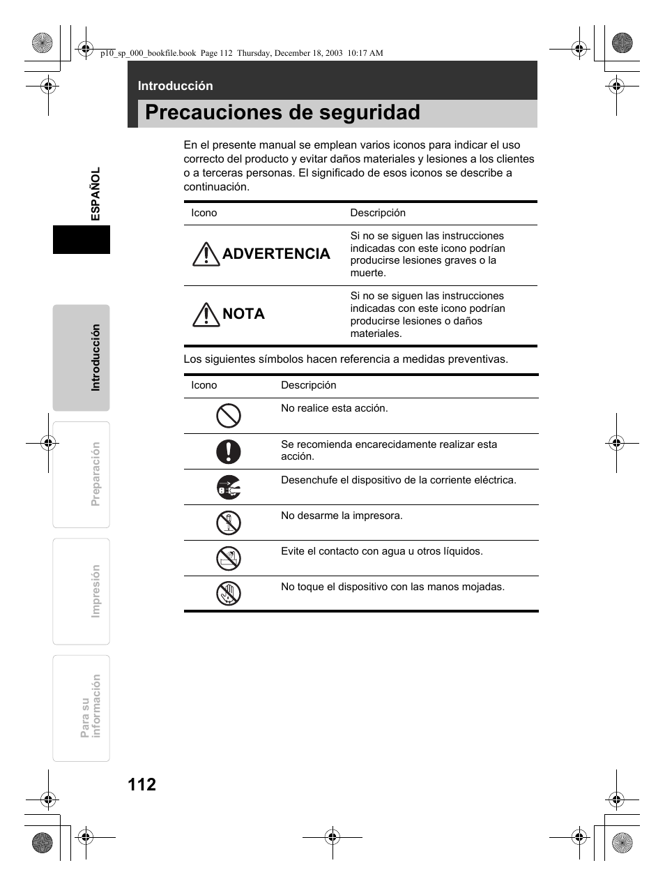Precauciones de seguridad, Advertencia, Nota | Olympus P-10 User Manual | Page 112 / 148