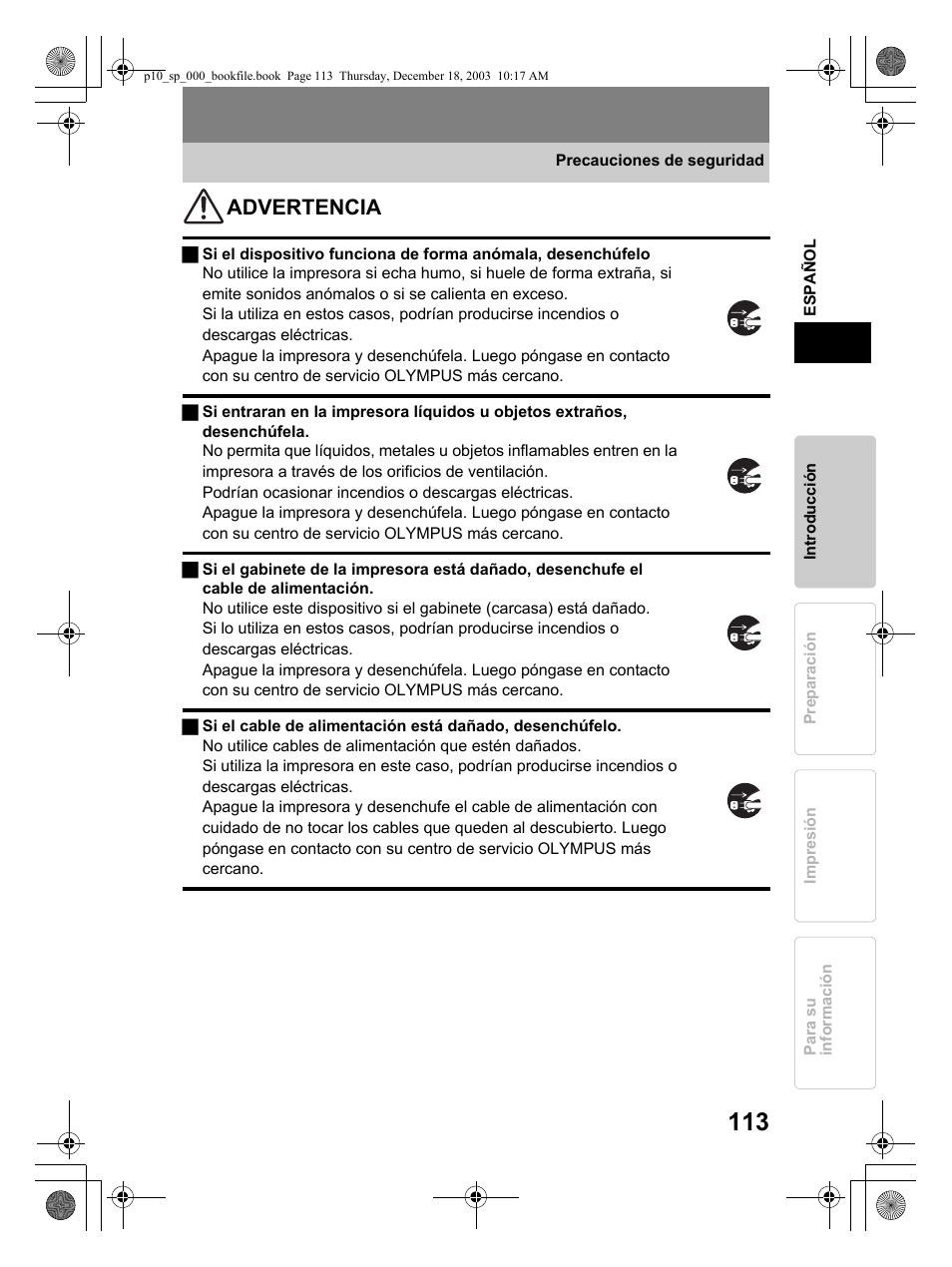 Advertencia | Olympus P-10 User Manual | Page 113 / 148