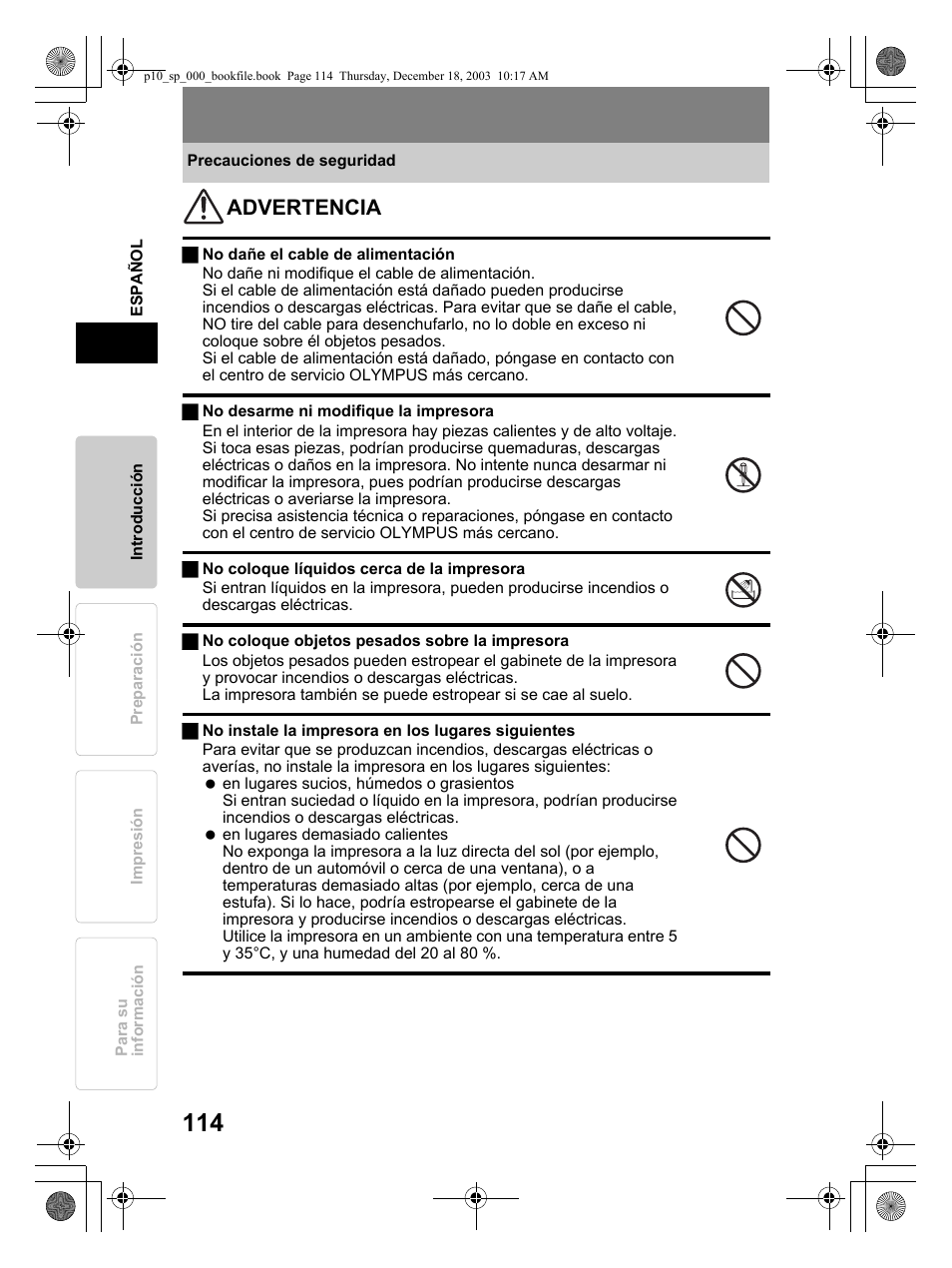 Advertencia | Olympus P-10 User Manual | Page 114 / 148